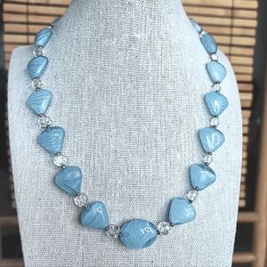 Light Blue Swirled White Vintage  Necklace Oval Triangle Beads Faceted Clear